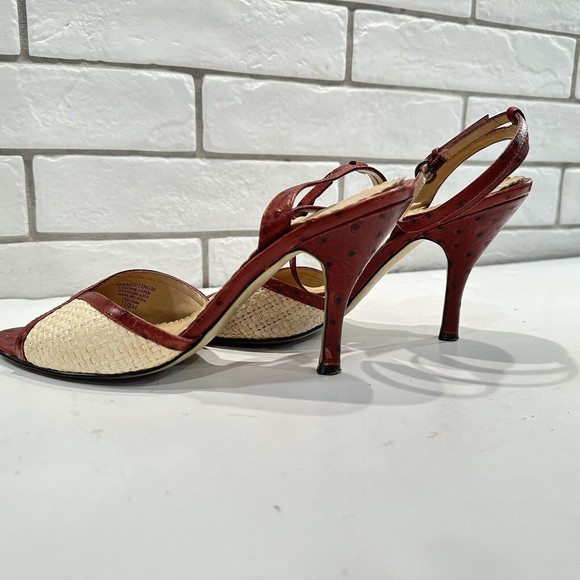 Anne Klein Women 7. 5M Straw Weave Open Toe Ankle Strap Heels Maroon Leather‎ - Picture 6 of 9